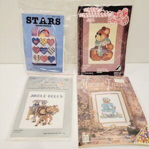 4 Vtg Mix Cross Stitch Stars Jingle Bells Teddy Bear Victoria Bear Kits